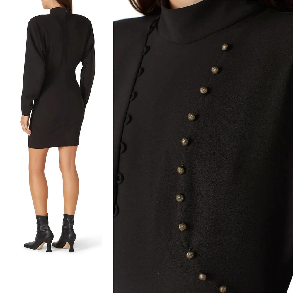 Nicole Miller Black Puff Sleeve Button Dress Mock Neck Women's $395 - Size 10 - Picture 3 of 14